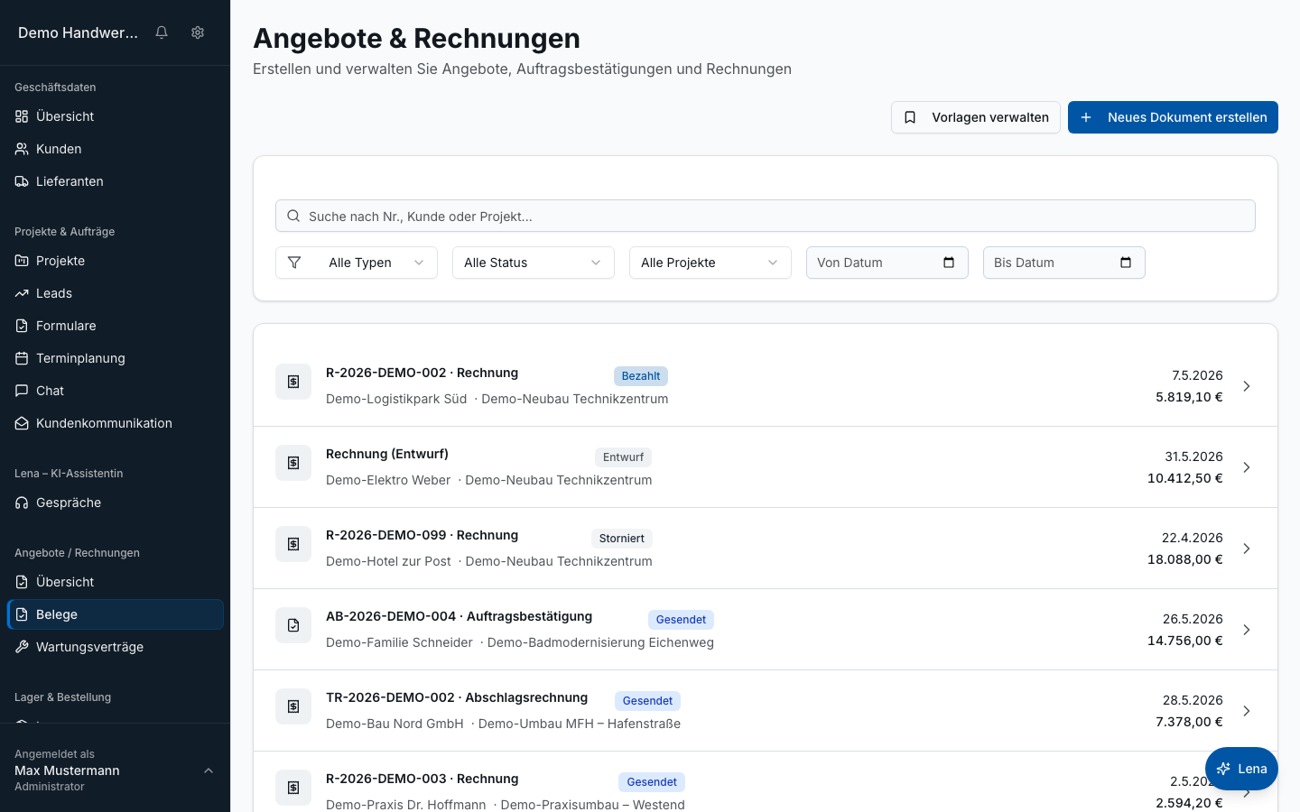 Angebote & Rechnungen in Bleno – Produktansicht