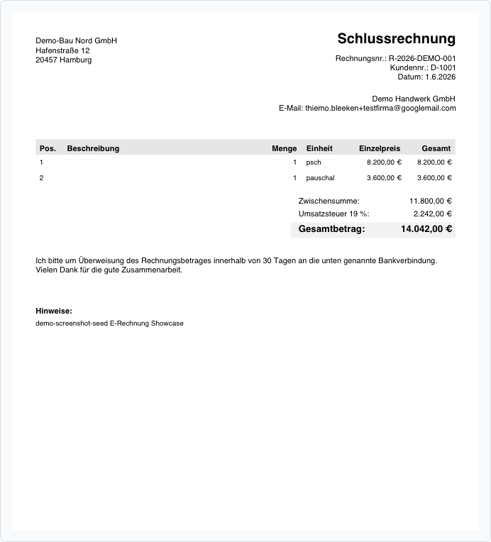 Angebote & Rechnungen in Bleno: Finales PDF & E-Rechnung