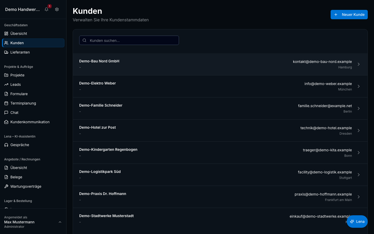 Kundenverwaltung in Bleno – Produktansicht