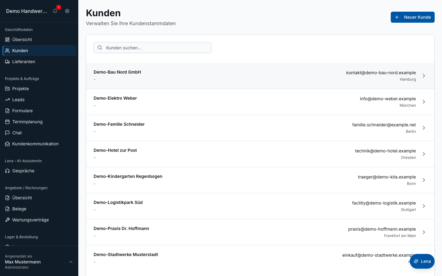 Kundenverwaltung in Bleno – Produktansicht