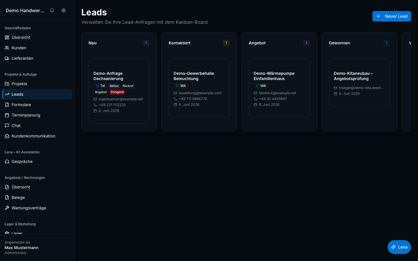 Leads & Anfragen in Bleno – Produktansicht