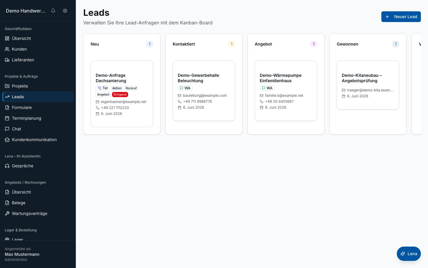 Leads & Anfragen in Bleno – Produktansicht
