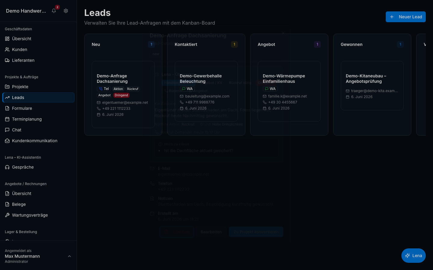 Leads & Anfragen in Bleno: Automatische Lead-Erfassung