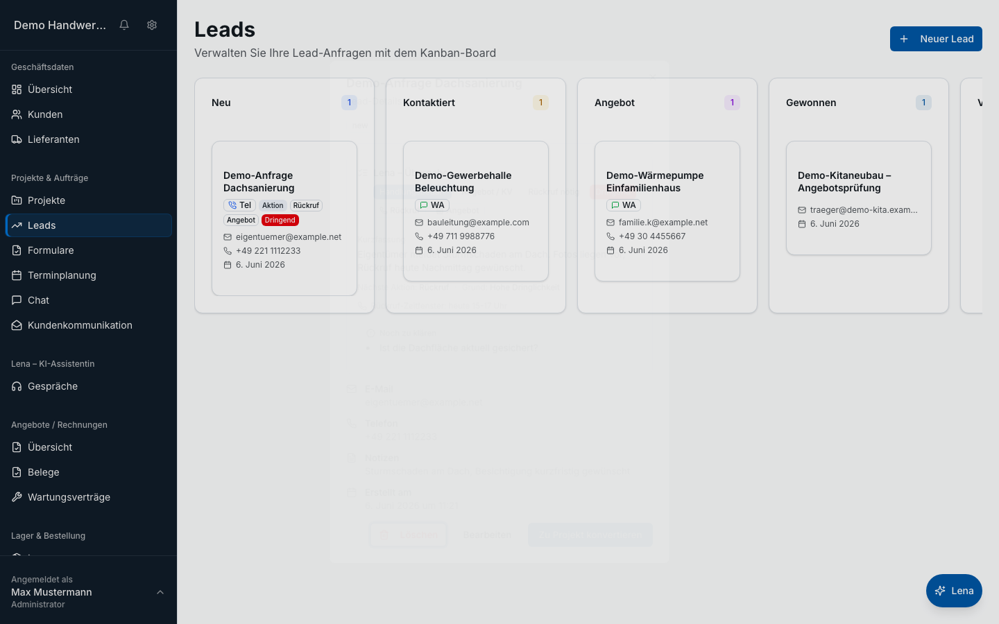 Leads & Anfragen in Bleno: Automatische Lead-Erfassung