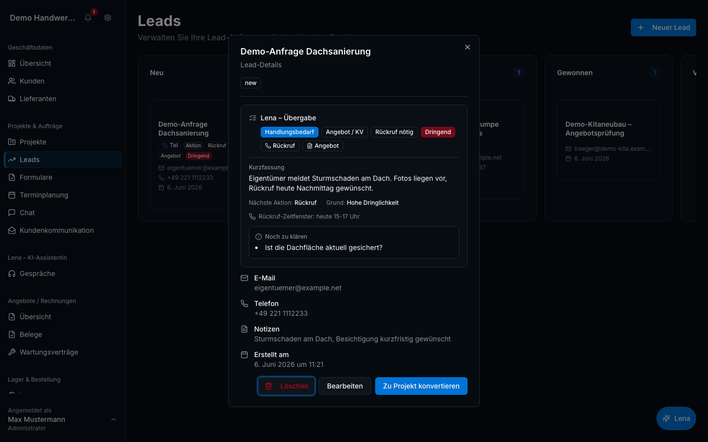 Leads & Anfragen in Bleno: Vertriebspipeline