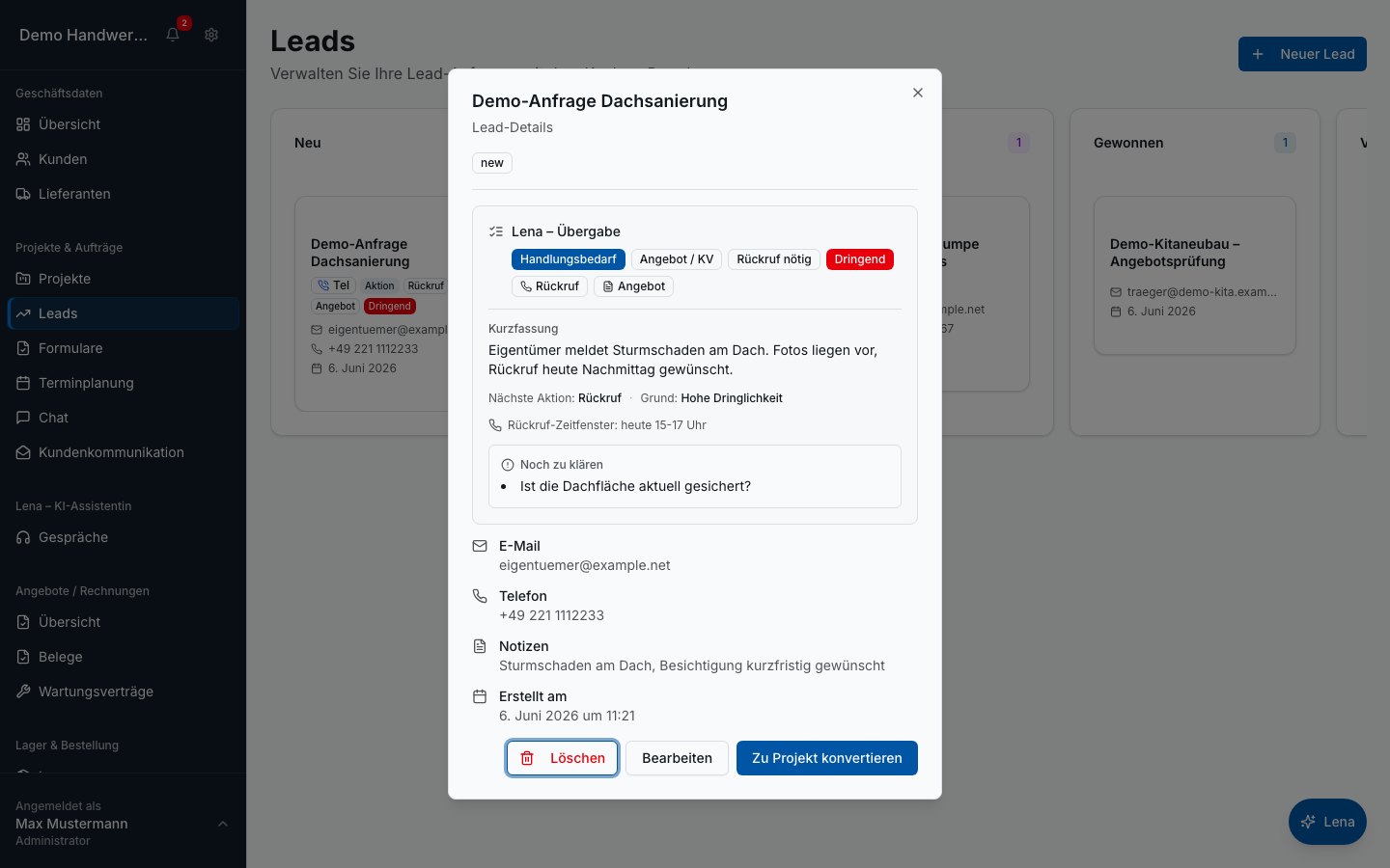 Leads & Anfragen in Bleno: Vertriebspipeline
