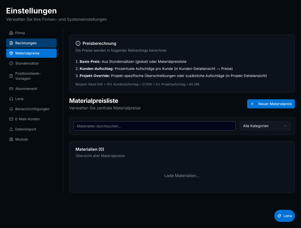 Materialverwaltung in Bleno: Stammdaten & Preise