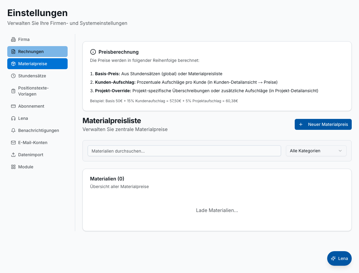Materialverwaltung in Bleno: Stammdaten & Preise