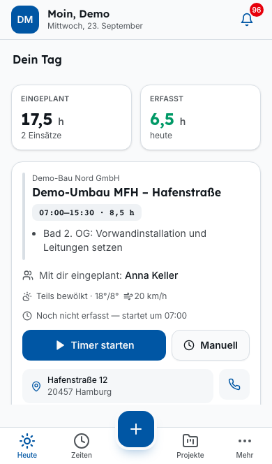 Bleno-App auf dem Smartphone – Tagesplan eines Mitarbeiters