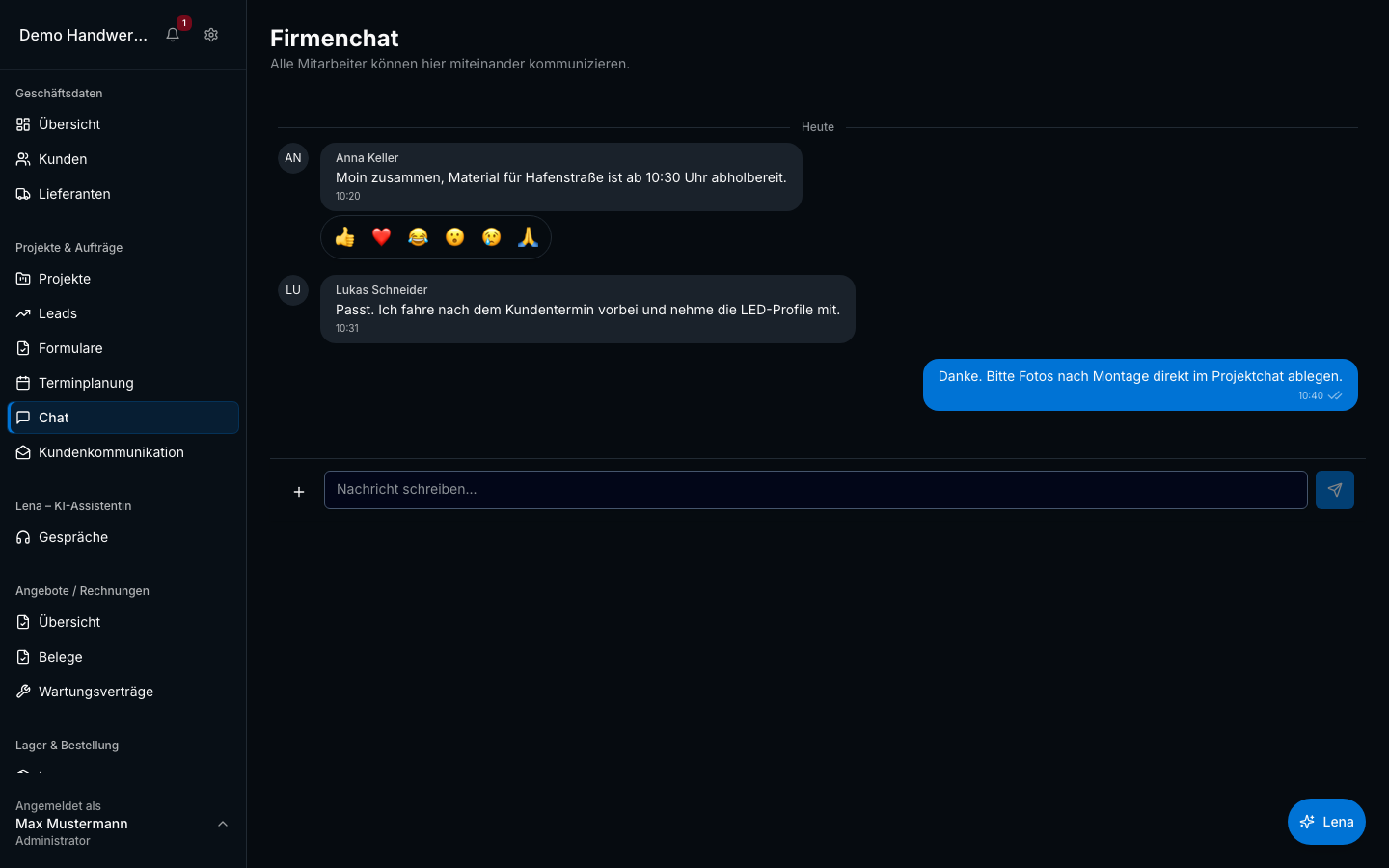 Team-Chat in Bleno – Produktansicht