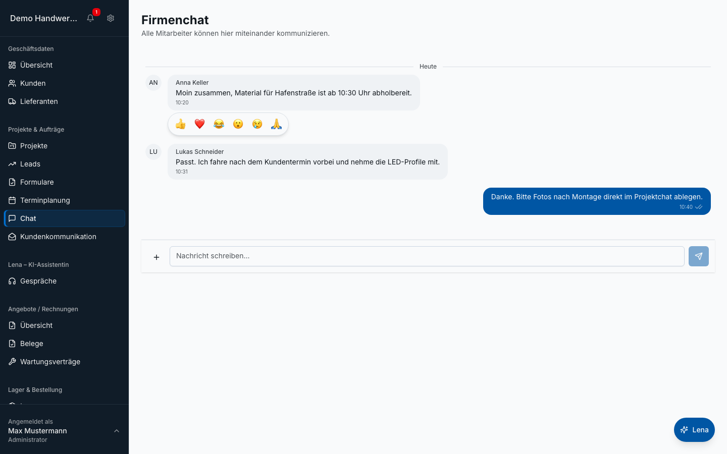 Team-Chat in Bleno – Produktansicht